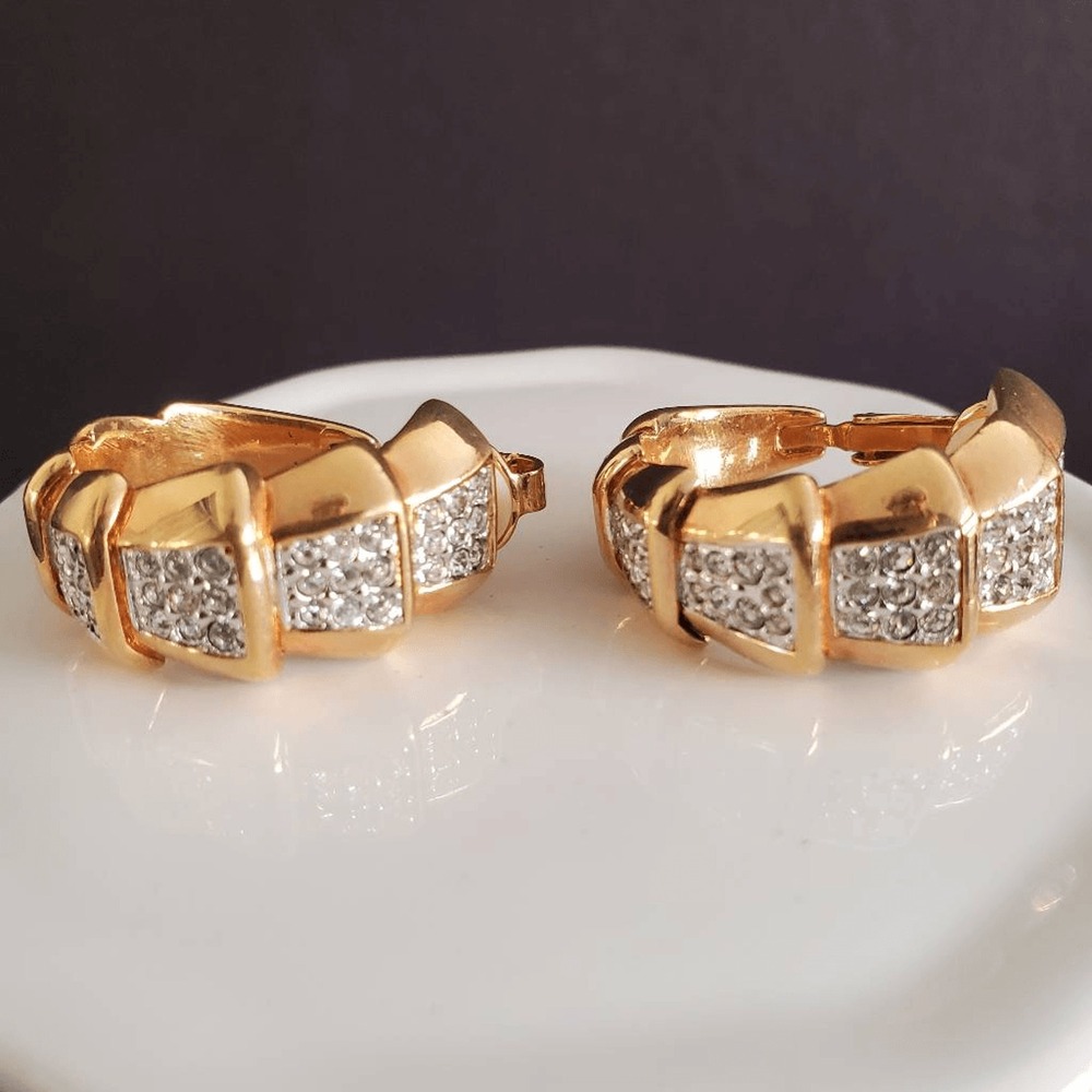 Swarovski Tiered Hoop Earrings Gold Plated Clip On Swan Signed Bling Dressy - Picture 4 of 10